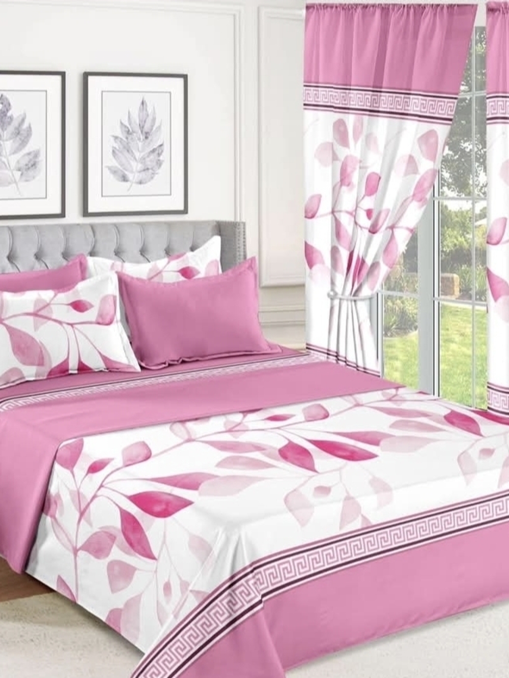 Floral Pink Leaf-Print Bedding Set with Matching Curtains -